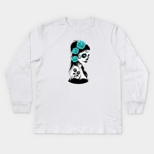 Teal Blue Day of the Dead Sugar Skull Girl Kids Long Sleeve T-Shirt